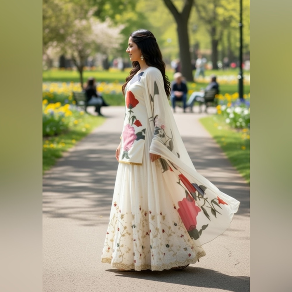 CHINON HEAVY EMBROIDERY DESIGNER FESTIVE WEAR SALWAR KAMEEZ GHARARA SUIT - Picture 5 of 9